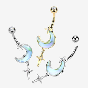 Detail View 1 of Golden Iridescent Aurora Crescent Moon Sparkle Star Dangle Belly Button Ring-Clear Gem